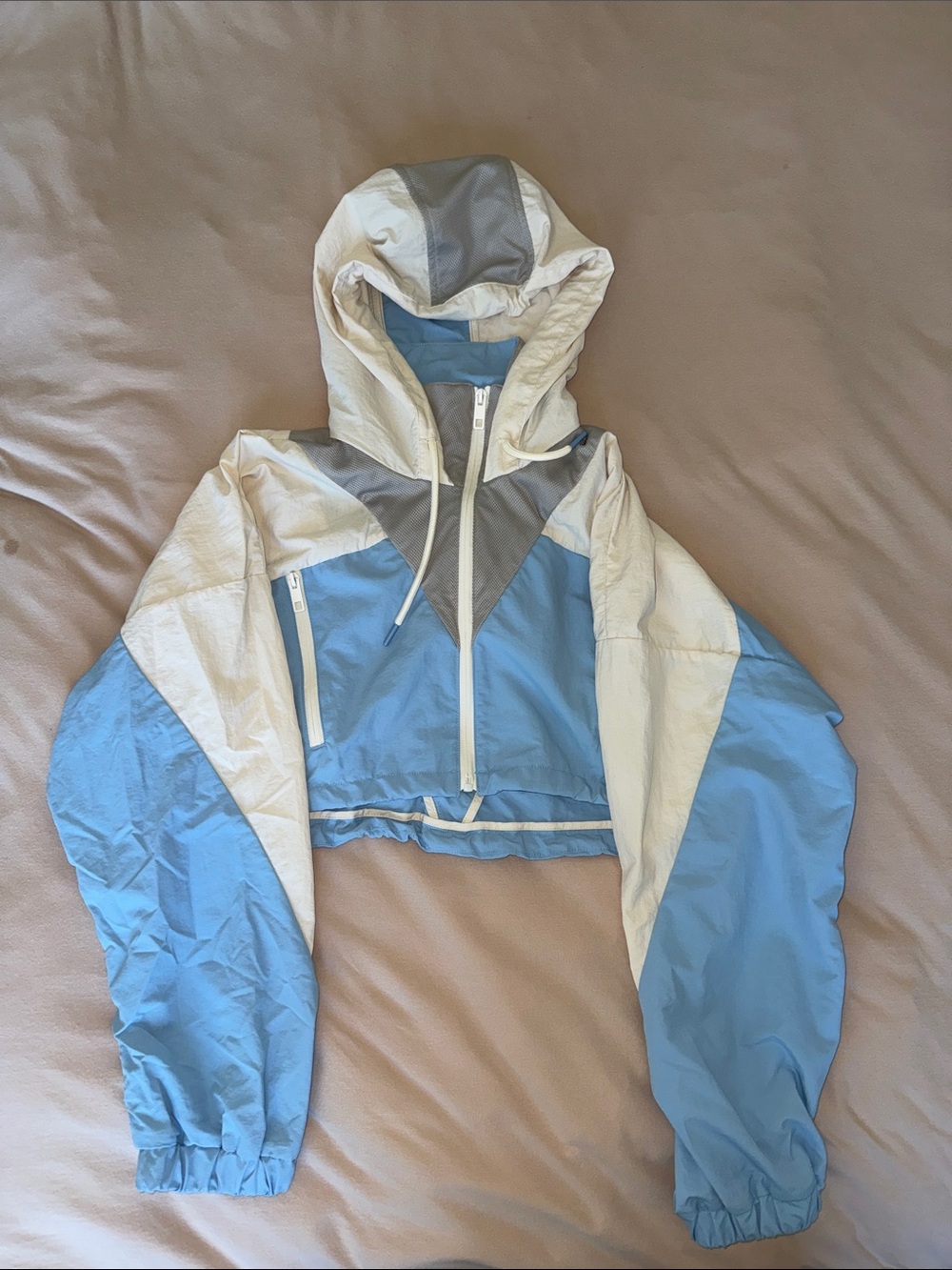 Zara Cropped Colorblock Bomber Jacket in Light Blue, White & Gray